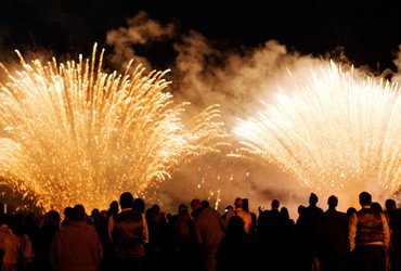 Guests gathered together watching golden fireworks burst across the night sky